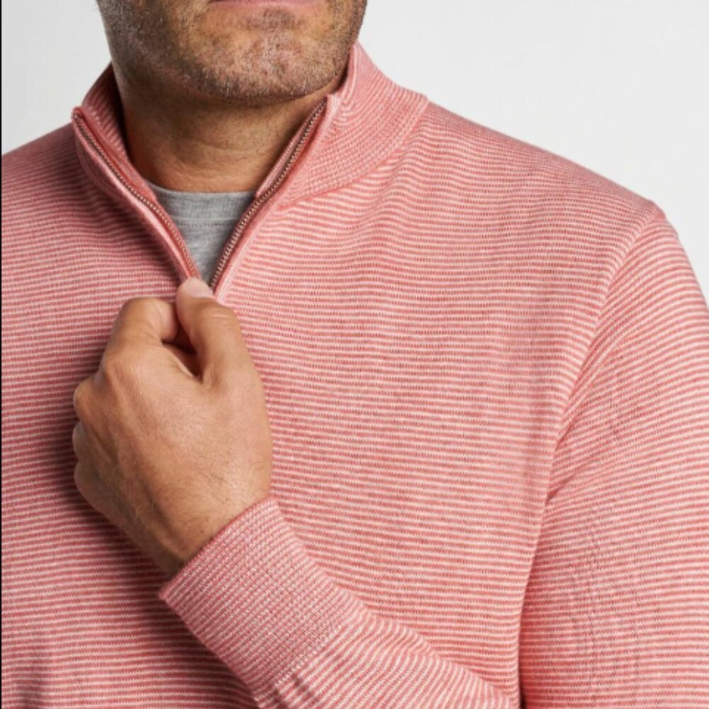 Peter Millar Men's Clay Rose Canton Stripe Quarter-Zip Sweater NWT